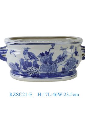 景德镇陶瓷椭圆双耳脚盆手绘绿彩山水贴花青花花鸟居家瓷盆摆件