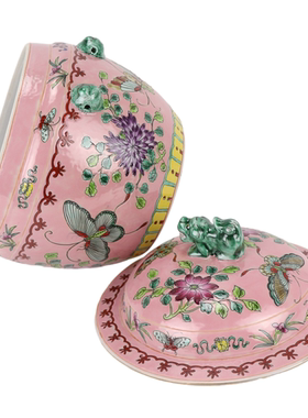 景德镇仿古陶瓷器粉彩粉色底纯手绘中式开窗蝴蝶花卉纹狮头小饭鼓