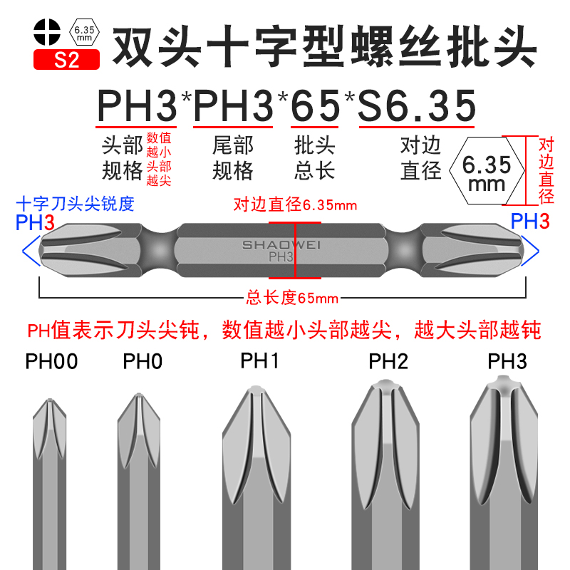 少威双头十字批头PH3-PH3-65-6.35强磁风批电动两用双头螺丝刀头-图0