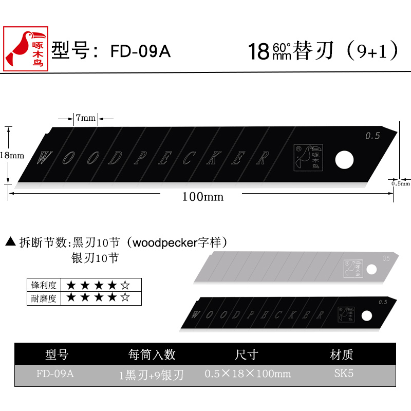 啄木鸟刀片美工刀片大号18mm墙壁纸刀片裁纸刀片介刀片替刃FD-09A