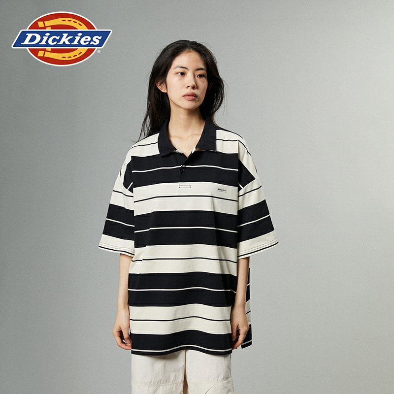 Dickies24春夏新款重磅棉廓形条纹翻领复古运动Polo衫男女情侣 - 图0