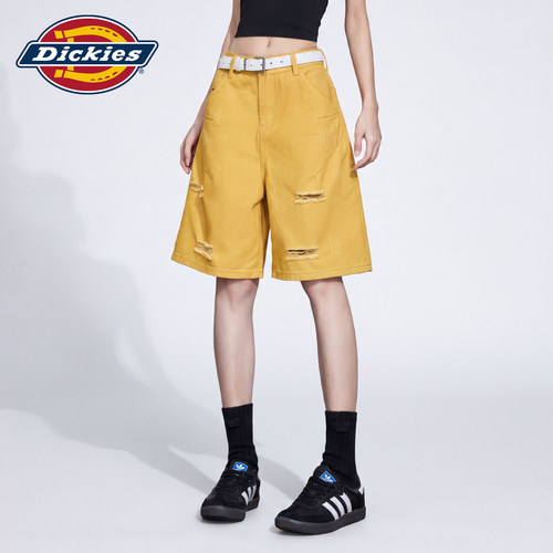 Dickies帝酷适高腰破洞牛仔短裤女2026夏季黄色阔腿五分裤高街风m - 图2