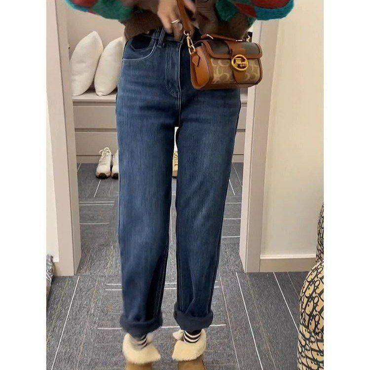 小众加绒加厚九分蓝色牛仔裤女2024年冬季新款高腰显瘦直筒哈伦裤,淘宝优惠券,粉丝福利购,淘宝优惠卷