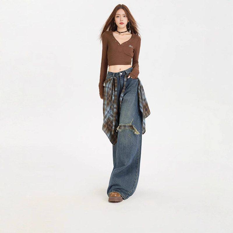 可拆卸屁帘阔腿牛仔裤女2025秋季新款高腰设计感假破洞宽松直筒裤,淘宝优惠券,粉丝福利购,淘宝优惠卷