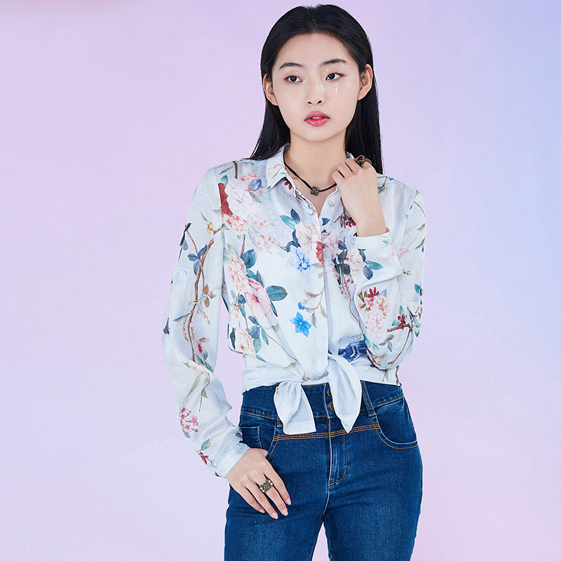 莲灿清仓印花翻领小众衬衫女特卖款田园风上衣收腰显瘦长袖外套 - 图1