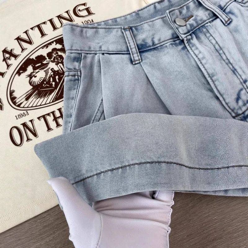 小个子牛仔短裤女2025夏季薄款高腰宽松显瘦浅色褶皱五分直筒中裤,淘宝优惠券,粉丝福利购,淘宝优惠卷