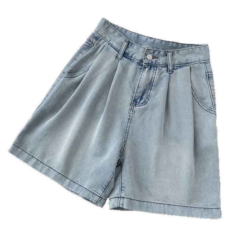 小个子牛仔短裤女2025夏季薄款高腰宽松显瘦浅色褶皱五分直筒中裤,淘宝优惠券,粉丝福利购,淘宝优惠卷