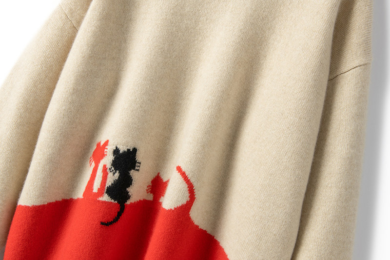 暖柔暖柔的~猫咪提花加厚羊绒衫女圆领纯羊绒毛衣秋冬宽松慵懒风,淘宝优惠券,粉丝福利购,淘宝优惠卷