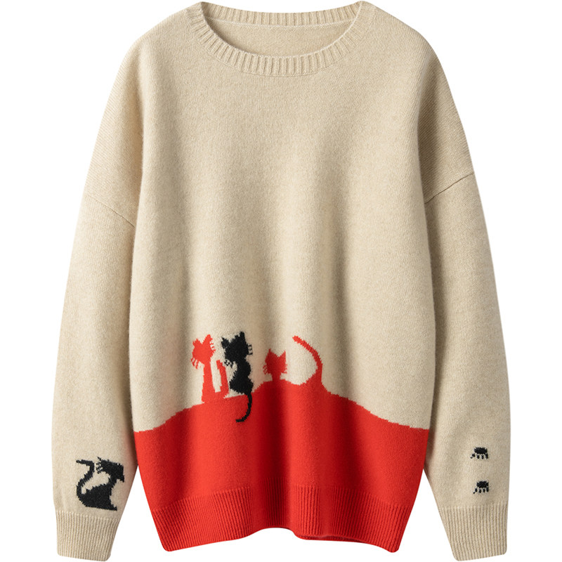 暖柔暖柔的~猫咪提花加厚羊绒衫女圆领纯羊绒毛衣秋冬宽松慵懒风,淘宝优惠券,粉丝福利购,淘宝优惠卷