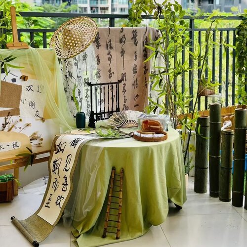 幼儿园春季开学环创绿色布料植物角新中式古风材料书法纱幔挂桌布 - 图0