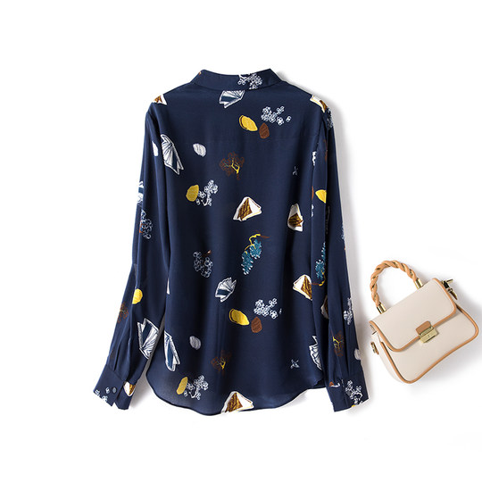 2025秋优雅气质重磅真丝上衣女长袖修身印花翻领桑蚕丝衬衫女衬衣