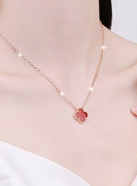 四叶草项链女款18K金镶嵌玛瑙吊坠锁骨链s925纯银白金玫瑰金送礼