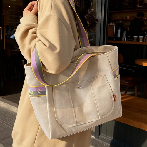 春季大容量托特包包女时尚学生上课手提帆布袋小众百搭单肩通勤包 - 图2