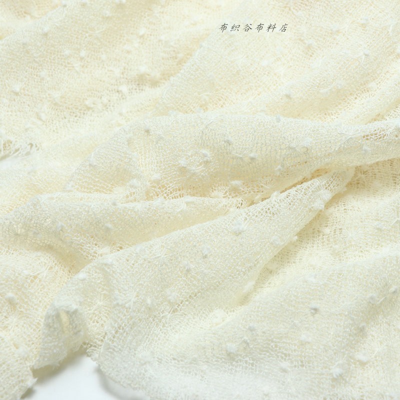 日单米色绣提毛线球圆点编织布韩系开衫连衣裙服装连衣裙外披面料 - 图2