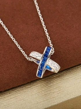 【高品质】缘系一生粉钻蓝钻交叉玫瑰金白金镶钻带钻项链