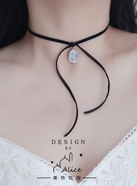 原创法式浪漫郁金香绿色丝绒项圈女颈带小众设计感锁骨链chcoker