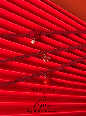 酒红色波浪女颈带花朵珍珠项圈