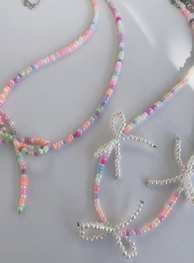 25元包邮朵拉手作彩色多巴胺串珠蝴蝶结项链锁骨链少女百搭配饰