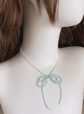 25元包邮朵拉手作清凉蓝色串珠双层蝴蝶结项链小众甜美锁骨链