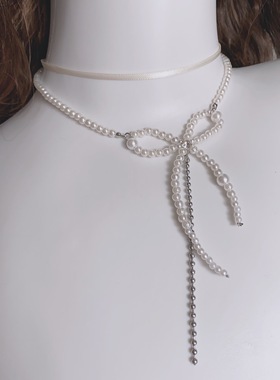 25元包邮朵拉手作双层蝴蝶结仿珍珠串珠项链少女芭蕾风甜酷锁骨链