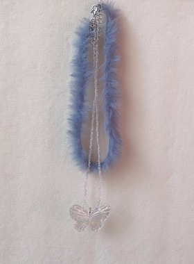 25元包邮朵拉手作毛绒绒项链choker蝴蝶短款颈链y2k甜酷辣妹配饰