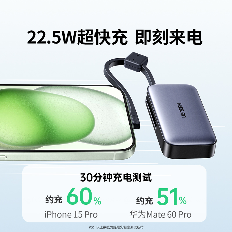 绿联2025新款自带线胶囊充电宝5000毫安小巧便携适用苹果16华为小米手机迷你口红无线快充移动电源官方旗舰店
