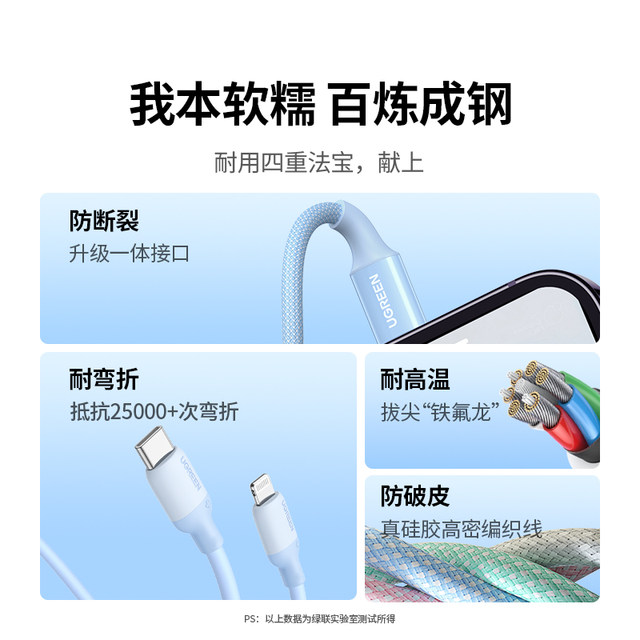 Green Union suitable for Apple data cable, iPhone 15Pro charger cable, PD fast charging head, MFI certification, 14max13 mobile phone and tablet, 20wplus woven long silicone lighting to typec