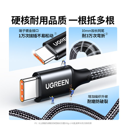 绿联type-c数据线快充适用华为充电线荣耀小米安卓Mate80Pro充电线usb转typec100wtypec车载闪充编织数据线6a - 图2