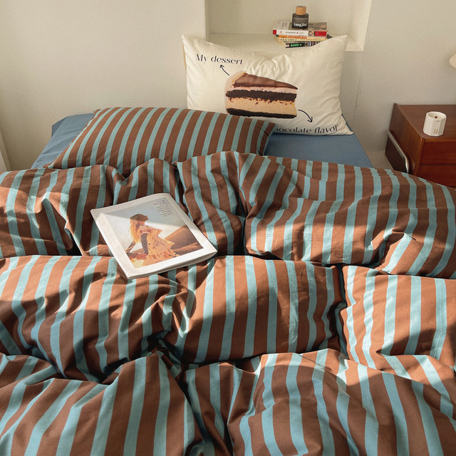 Li Meng Simple Blue Coffee Striped Pure Cotton Four-Piece Set Full Cotton Bed Sheet Bedding Single Door Bedding