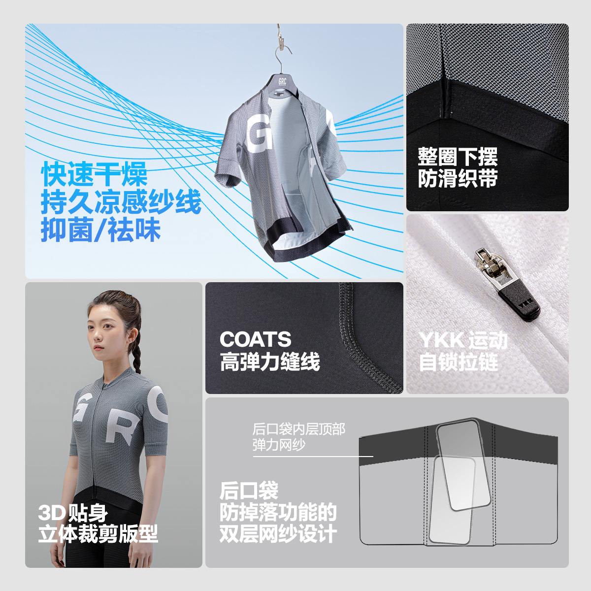 GRC桀骜无尽新款夏季短袖DELTA天丝LOGO印花速干公路自行车骑行服 - 图1