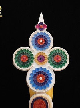 实木彩绘三根本朵玛食子花摆件