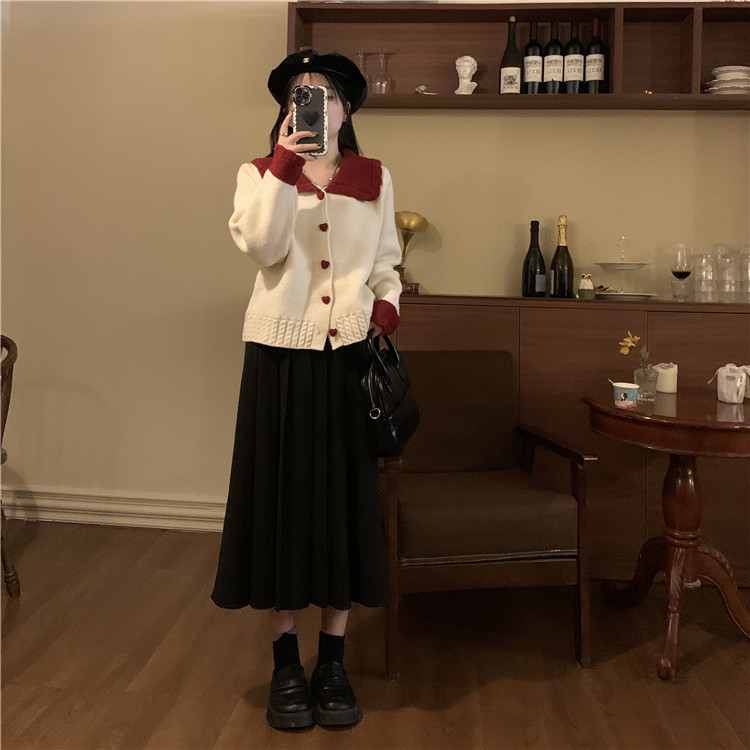 娃娃领羊毛针织开衫毛衣女秋冬短款设计感慵懒风红色过年加厚外套 娃娃领羊毛针织开衫毛衣女秋冬短款设计感慵懒风红色过年加厚外套
