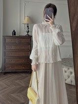 Zhang Astri ZSS YIER 2023 Fall new press pleats 100 hitch bottom long sleeve white cover high collar