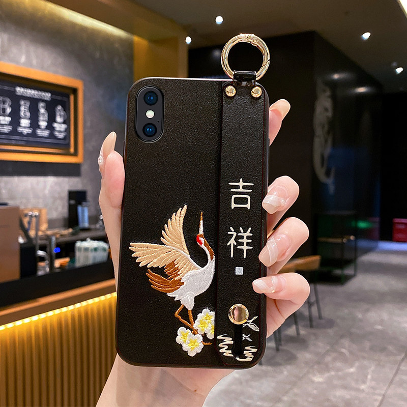 Aimak适用苹果xsmax手机壳iphone8plus保护套XR外壳XS皮质感苹果X刺绣鹤6splus中国风大小678腕带款斜挎挂绳