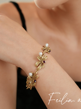 《鎏金蔷薇》中古vintage珍珠锆石花朵项链重工复古手链颈链配饰