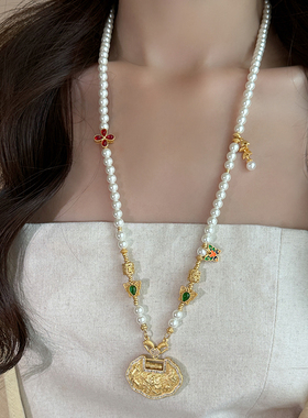 新中式古风珍珠金锁项链