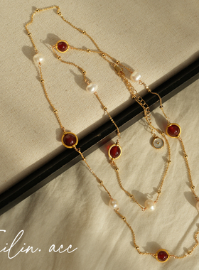 《红运珠华》红玛瑙天然淡水珍珠项链秋冬毛衣链2025新款双层叠戴