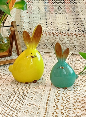 陶瓷兔子摆件一对 治愈系桌面摆设创意可爱小摆件