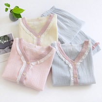 Washed Cotton Crepe Cloth Pajamas Woman Pure Cotton Spring Autumn Long Sleeve V Collar Summer Thin Air girl full cotton Home Clothing Outside