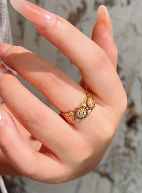 金店同款老铺满钻蔷薇窗花金刚杵戒指复古轻奢红宝石叠戴风食指戒