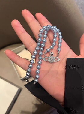 高版本 西太后土星蓝色珍珠项链女高颜值经典款星球锁骨链