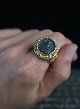 精品包镶西藏天铁托甲金刚手菩萨合金铜戒指戒托男士戒指