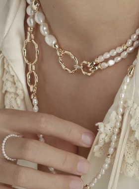 Kiki·巴洛克不规则形珍珠项链轻奢小众双扣毛衣链多种组合戴法