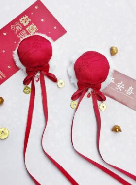 原创手作发包Lolita中华风新年红色国风毛绒发夹旗袍流苏包子头饰
