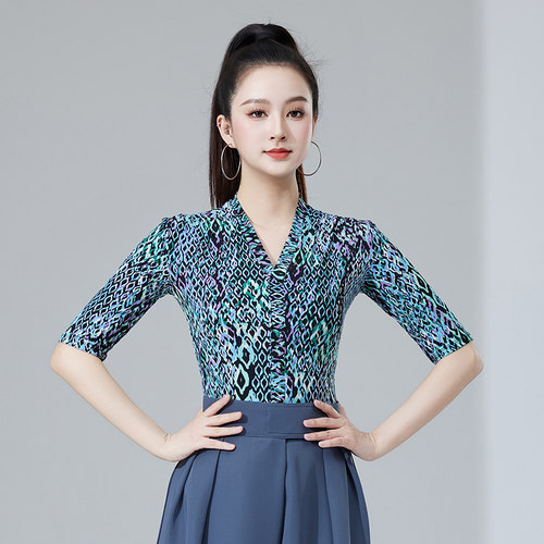 拉丁舞连体上衣女成人摩登舞服V领豹纹印花练功服表演服装交谊舞 - 图0