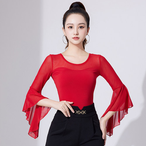 拉丁舞练功服女新款中袖网纱拼接舞蹈服成人国标舞服装摩登舞上衣 - 图2