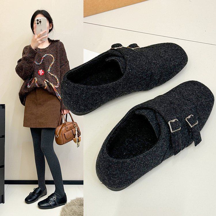 冬季新款深口金属扣雕花方口加绒单鞋布单鞋深口绒面一脚蹬软底女,淘宝优惠券,粉丝福利购,淘宝优惠卷