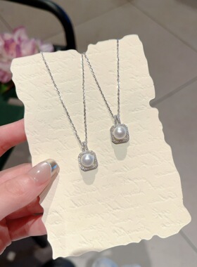S925银纯银淡水珍珠方糖纯银项链不褪色礼盒礼袋新年顺丰3