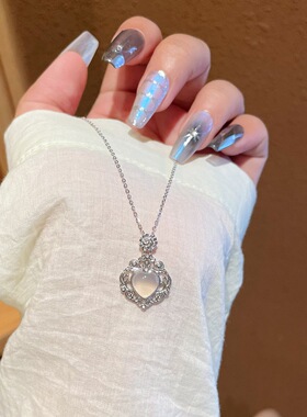 S925银纯银白玉髓爱心纯银项链不褪色礼盒礼袋新年顺丰3