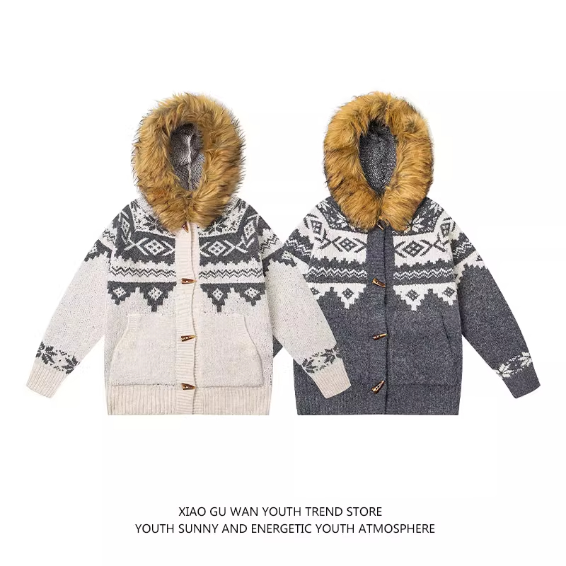 亿万少年原创拆卸毛领费尔岛毛衣外套男女秋季加厚情侣撞色针织衫 - 图2